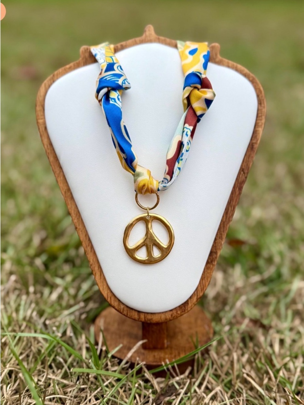 New Silk Scarf Necklace with Gold Peace Pendant - Blue & Yellow Charm